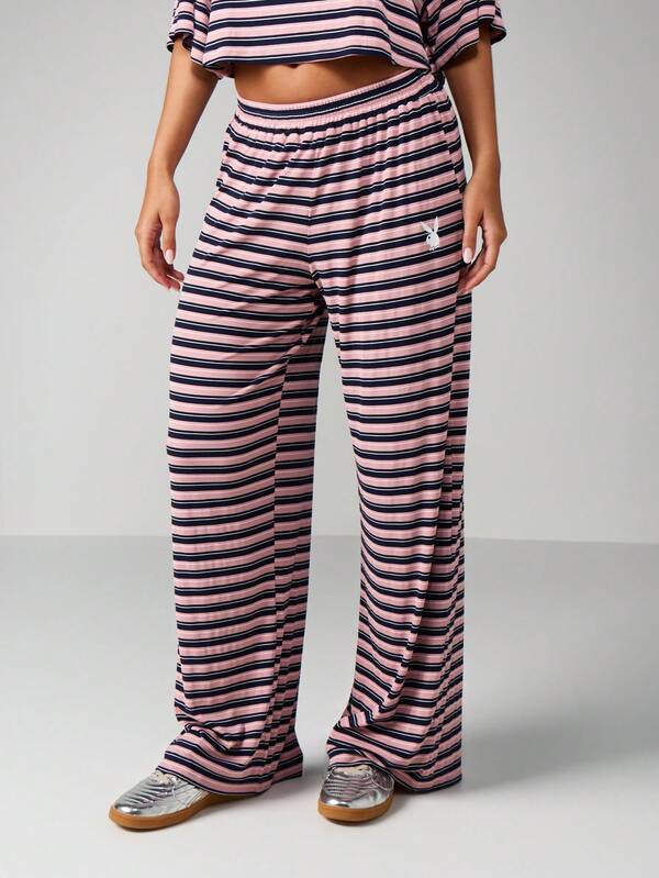 Missguided X Playboy Striped Oversized Crop Top With Wide Leg Pants