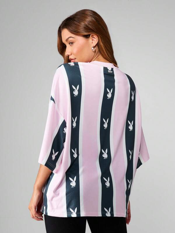 Missguided X Playboy Striped Oversized Short Sleeve Shirt With Print