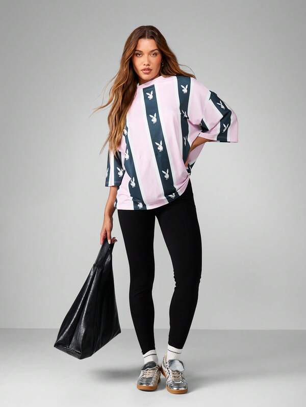 Missguided X Playboy Striped Oversized Short Sleeve Shirt With Print