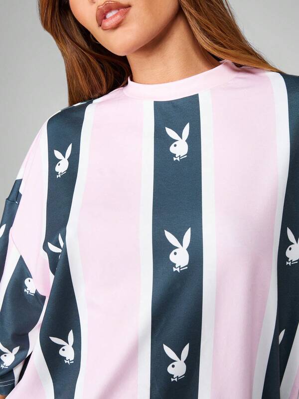 Missguided X Playboy Striped Oversized Short Sleeve Shirt With Print