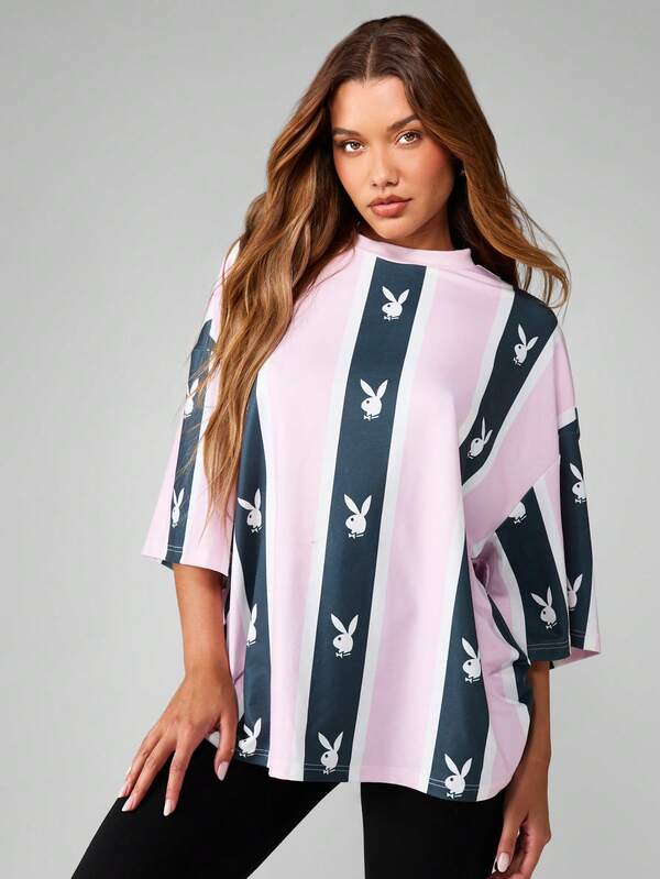 Missguided x Playboy Striped Oversized Short Sleeve Shirt With Print