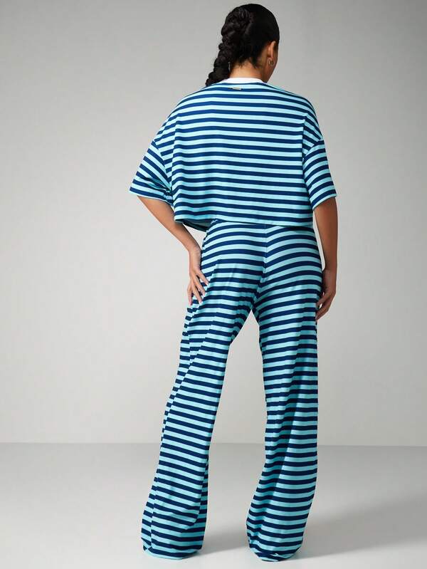 Missguided X Playboy Striped Oversized Tee With Wide Leg Trousers
