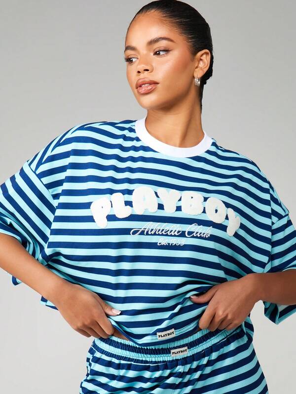 Missguided X Playboy Striped Oversized Tee With Wide Leg Trousers