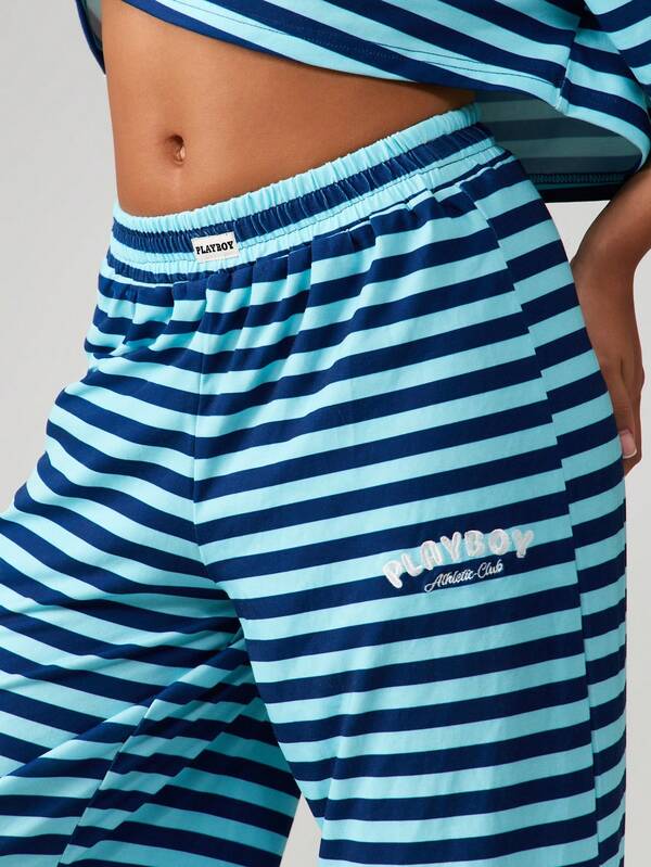 Missguided X Playboy Striped Oversized Tee With Wide Leg Trousers