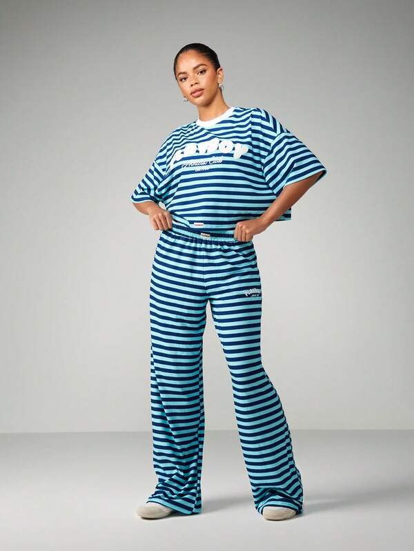 Missguided x Playboy Striped Oversized Tee With Wide Leg Trousers