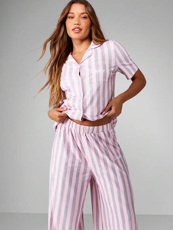 Missguided X Playboy Striped Pajama Set With Button Front