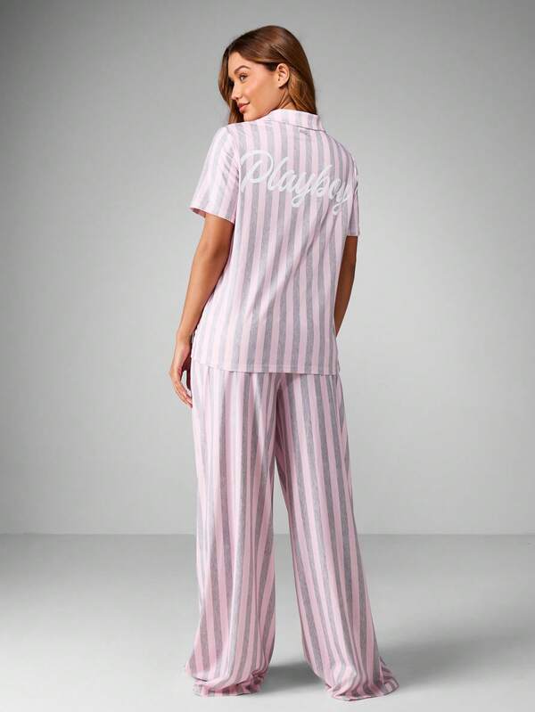 Missguided X Playboy Striped Pajama Set With Button Front