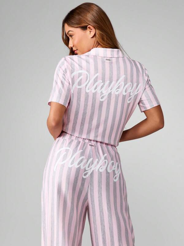 Missguided x Playboy Striped Pajama Set With Button Front