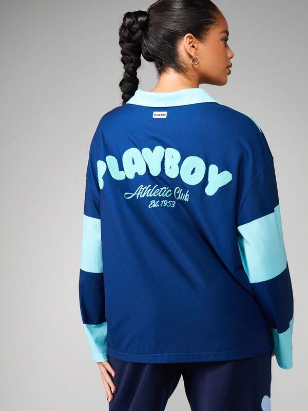 Missguided X Playboy Striped Polo Shirt With Athletic Logo