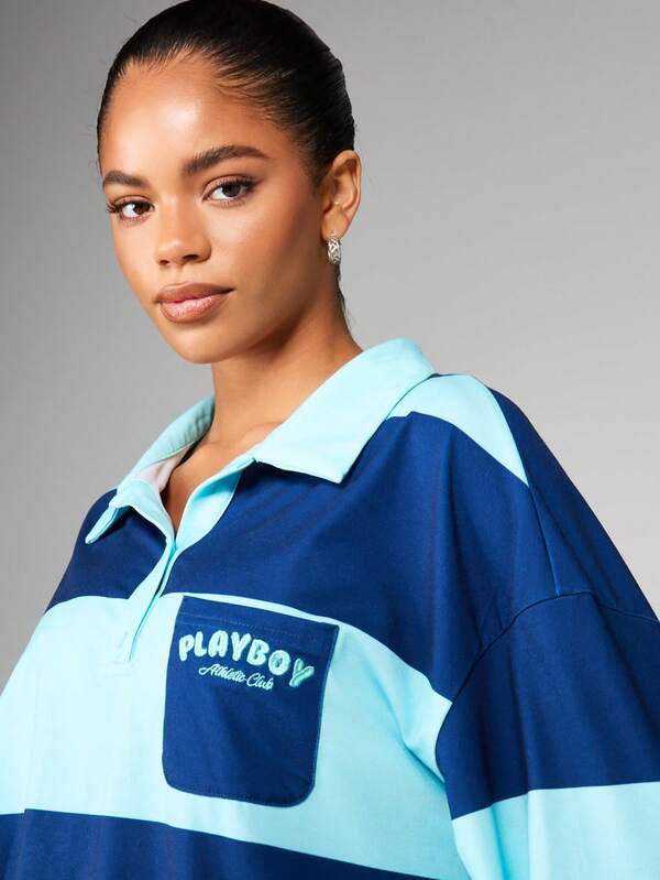 Missguided X Playboy Striped Polo Shirt With Athletic Logo