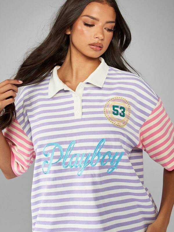 Missguided X Playboy Striped Polo Shirt With Logo And Number Patch
