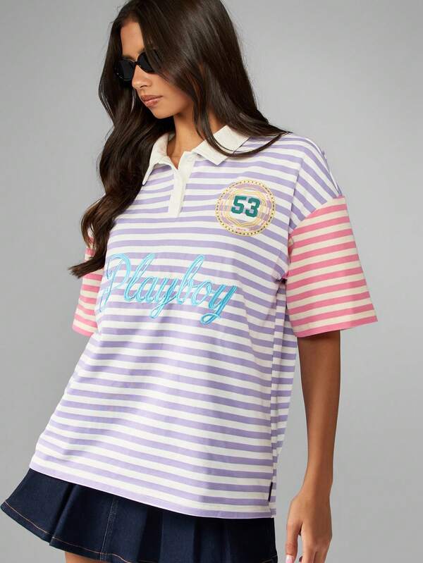 Missguided x Playboy Striped Polo Shirt With Logo And Number Patch
