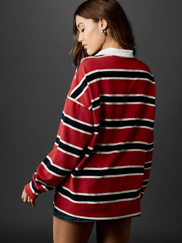 Missguided X Playboy Striped Rugby Polo Shirt With White Collar