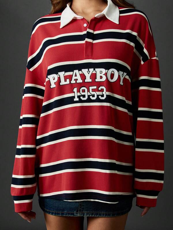 Missguided X Playboy Striped Rugby Polo Shirt With White Collar