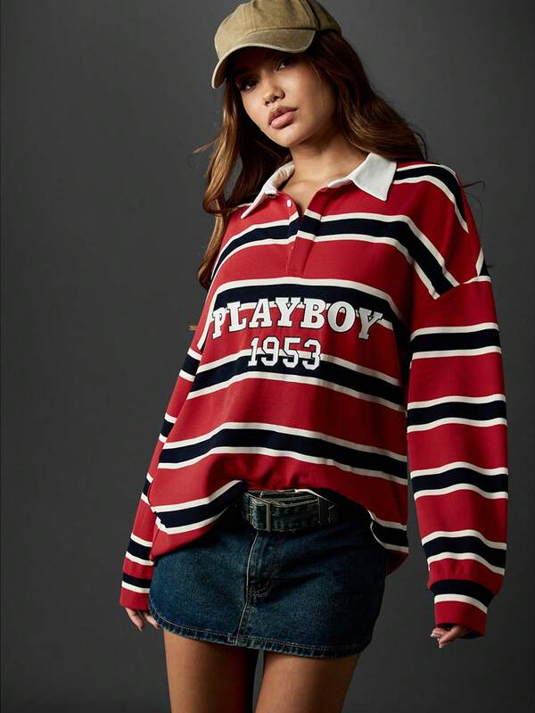 Missguided x Playboy Striped Rugby Polo Shirt With White Collar