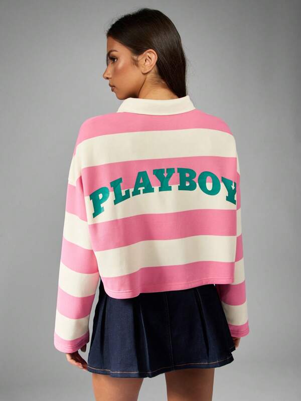 Missguided X Playboy Striped Rugby Sweatshirt With Collared Neckline And Logo
