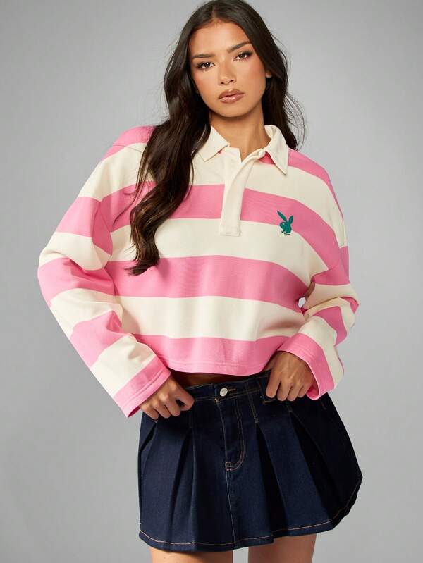 Missguided X Playboy Striped Rugby Sweatshirt With Collared Neckline And Logo