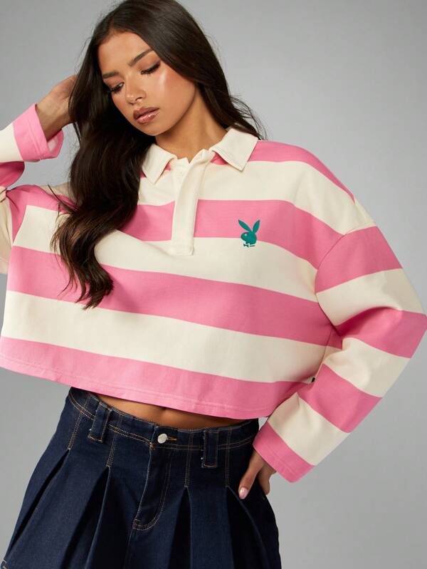 Missguided x Playboy Striped Rugby Sweatshirt With Collared Neckline And Logo