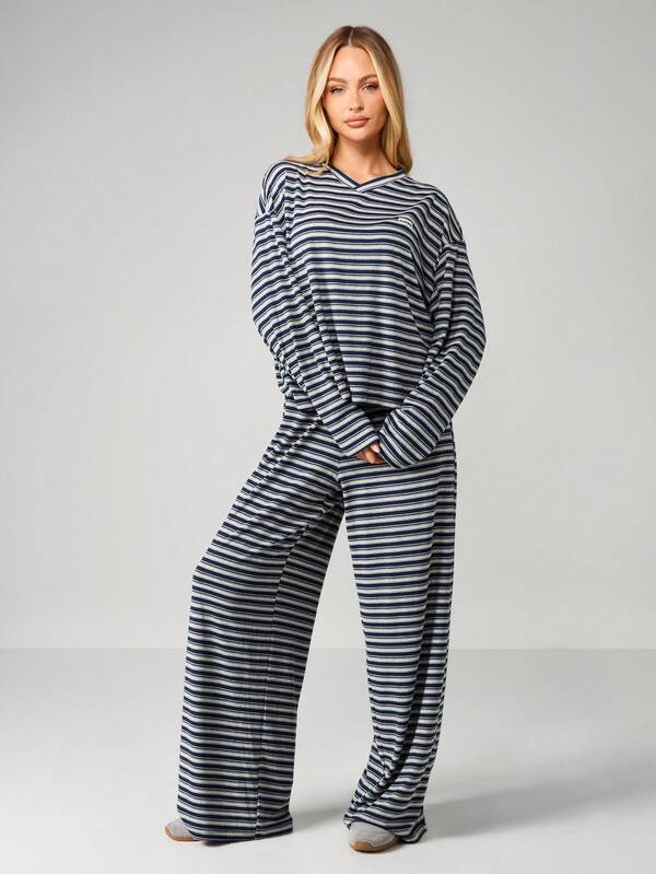 Missguided X Playboy Striped Two Piece Crop Top With Wide Leg Pants