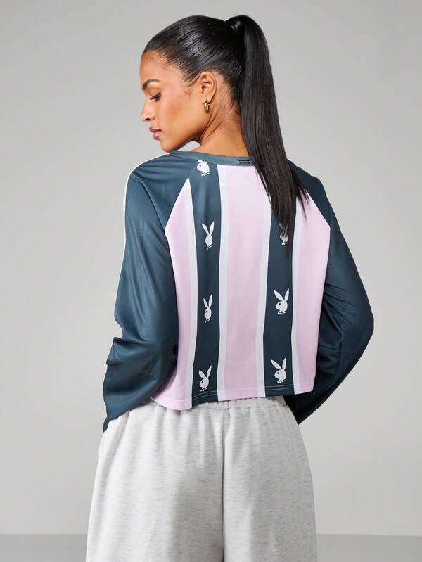 Missguided X Playboy Striped V-Neck Long Sleeve Crop Top