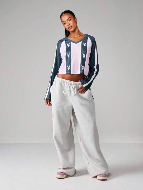 Missguided X Playboy Striped V-Neck Long Sleeve Crop Top