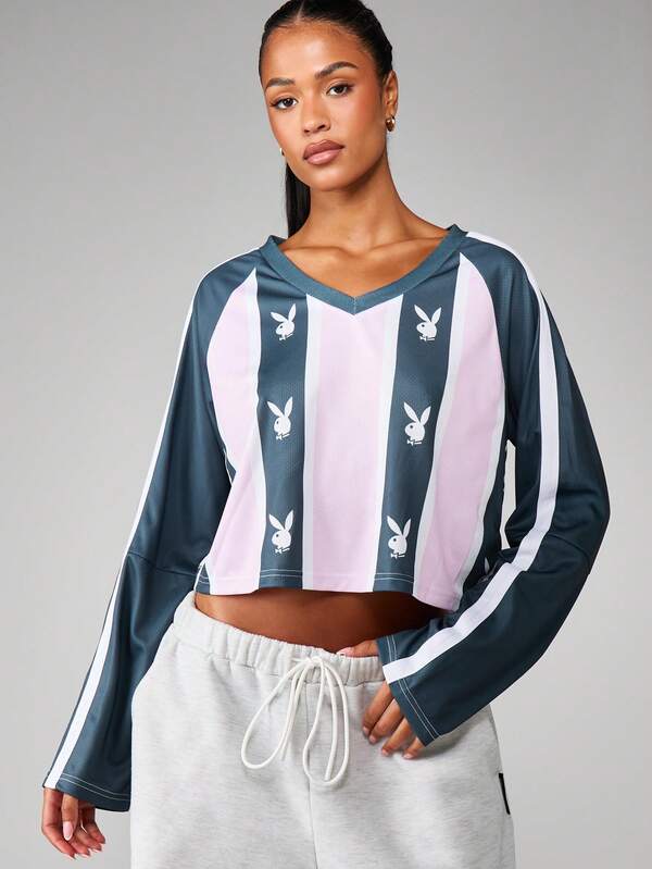 Missguided X Playboy Striped V-Neck Long Sleeve Crop Top