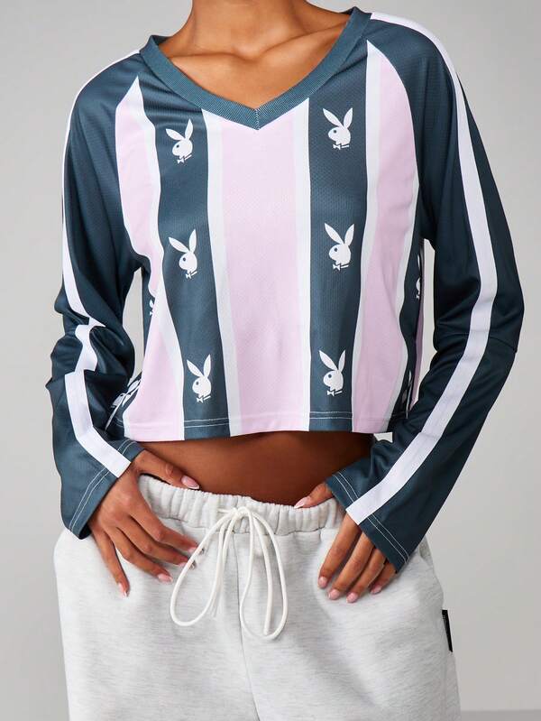 Missguided x Playboy Striped V-Neck Long Sleeve Crop Top
