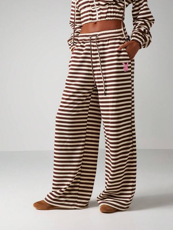 Missguided X Playboy Striped Wide Leg Joggers With Drawstring