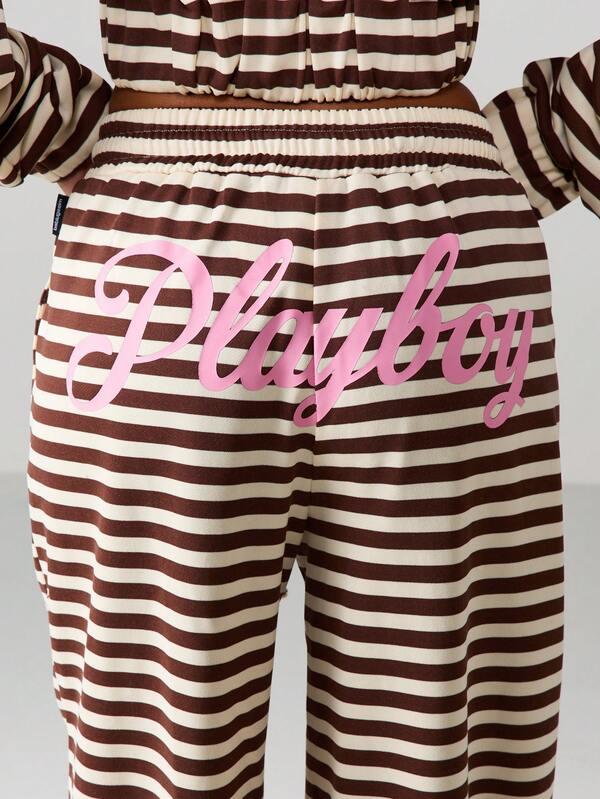 Missguided X Playboy Striped Wide Leg Joggers With Drawstring