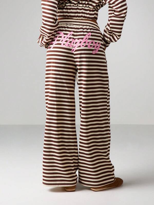 Missguided x Playboy Striped Wide Leg Joggers With Drawstring