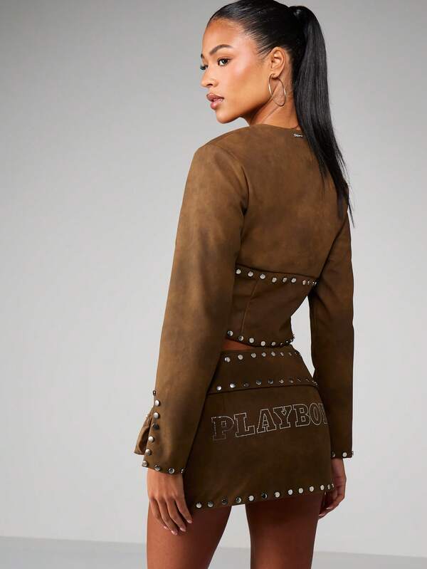 Missguided X Playboy Studded Suede Cropped Jacket With Belt