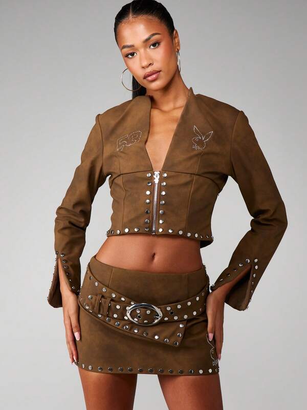 Missguided X Playboy Studded Suede Cropped Jacket With Belt