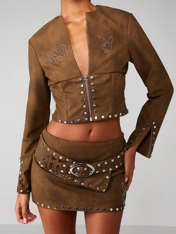 Missguided X Playboy Studded Suede Cropped Jacket With Belt