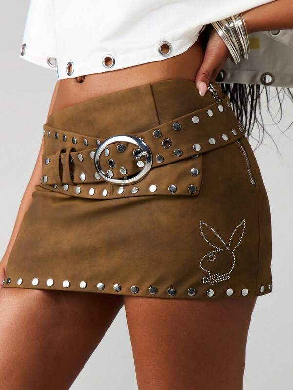 Missguided x Playboy Studded Suede Mini Skirt With Belt