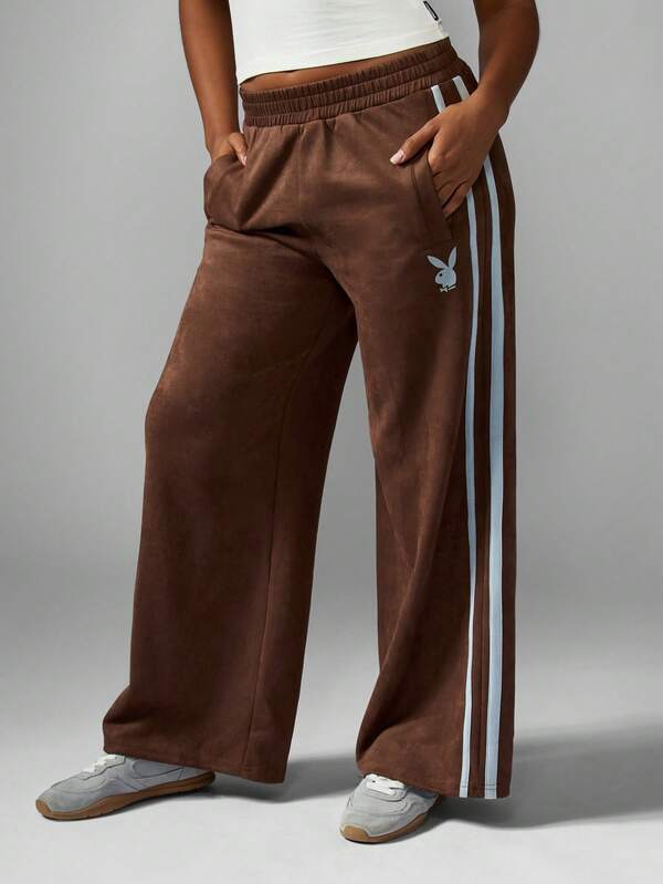Missguided X Playboy Suede Wide Leg Sweatpants With Side Stripes