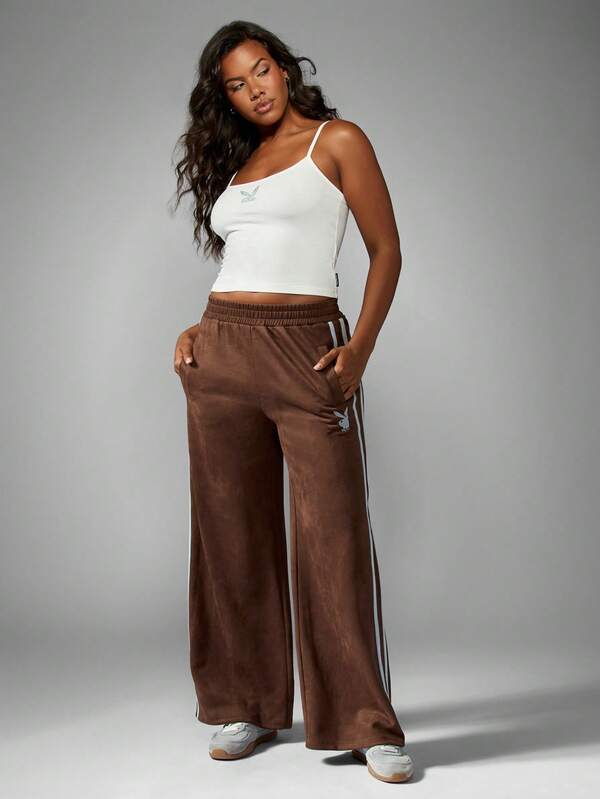 Missguided X Playboy Suede Wide Leg Sweatpants With Side Stripes