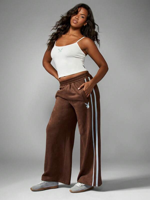 Missguided x Playboy Suede Wide Leg Sweatpants With Side Stripes