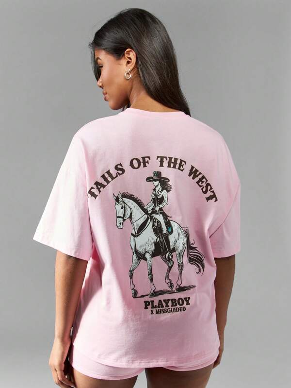 Missguided x Playboy Tails Of The West Oversized Graphic Women's T-Shirt