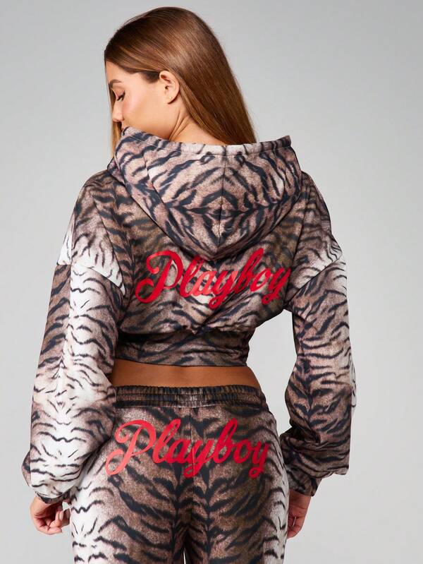 Missguided X Playboy Tiger Print Cropped Hoodie With Front Zip And Drawstring