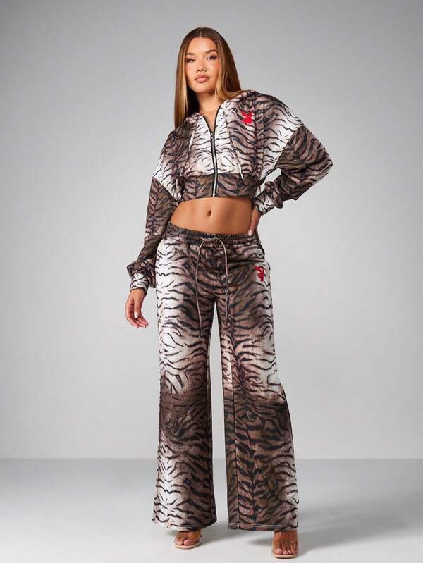 Missguided X Playboy Tiger Print Cropped Hoodie With Front Zip And Drawstring