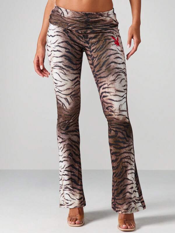 Missguided X Playboy Tiger Print Flared Pants With Fold Over Waistband
