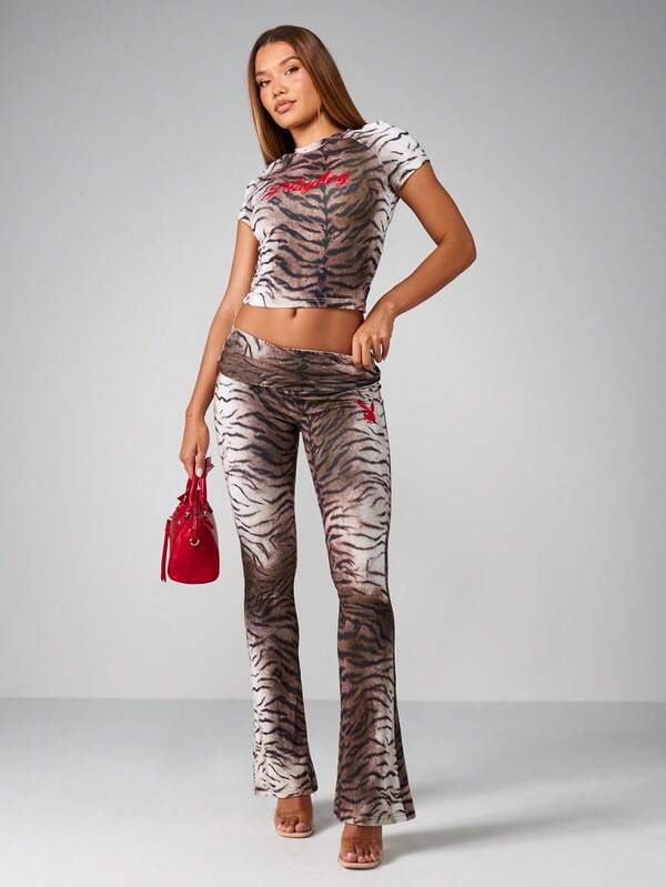 Missguided X Playboy Tiger Print Flared Pants With Fold Over Waistband