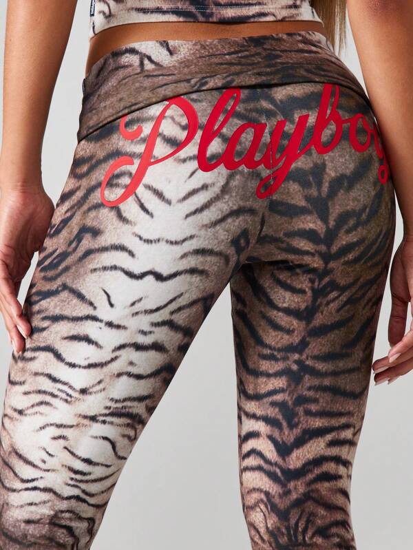 Missguided X Playboy Tiger Print Flared Pants With Fold Over Waistband