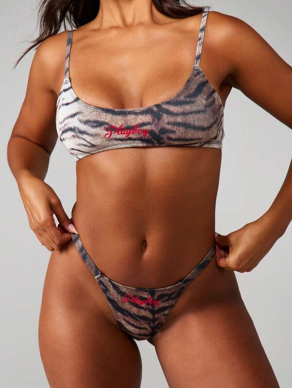 Missguided X Playboy Tiger Print Scoop Neck Bralette And Thong Set