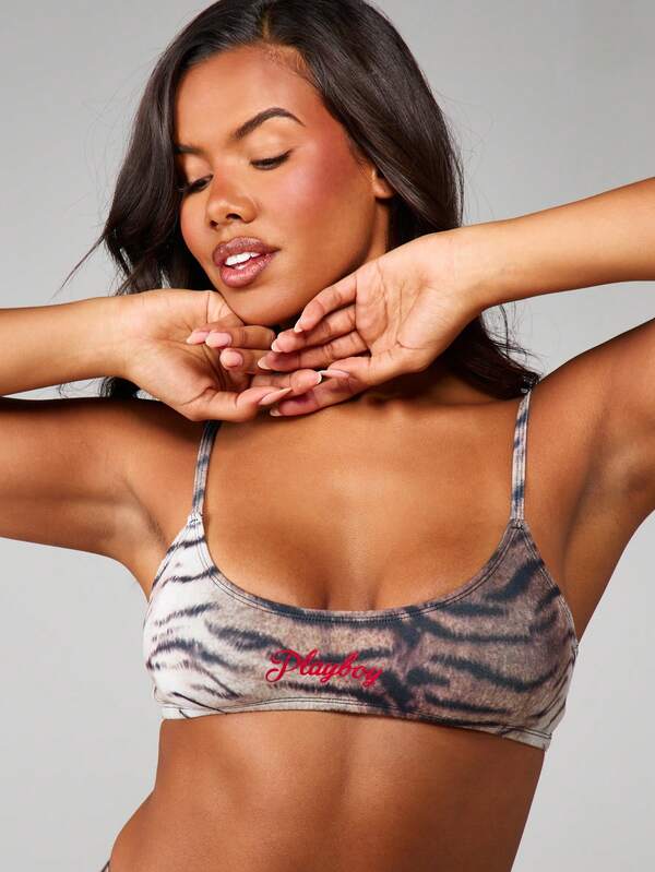 Missguided X Playboy Tiger Print Scoop Neck Bralette And Thong Set