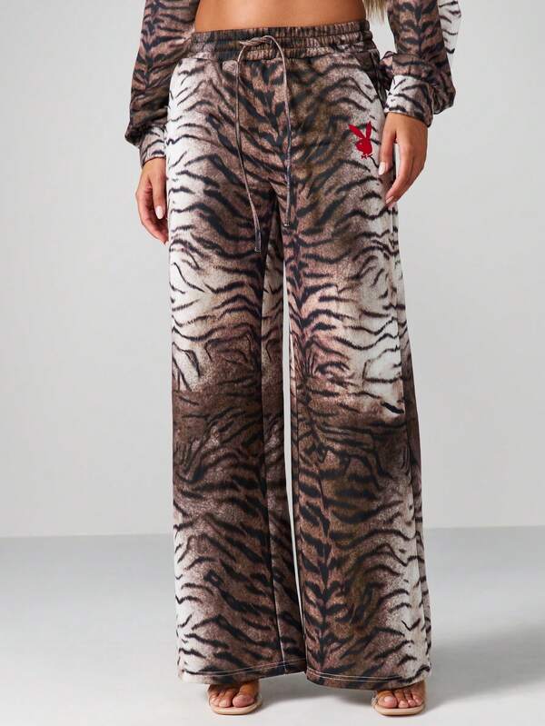 Missguided X Playboy Tiger Print Wide Leg Pants With Drawstring Waist