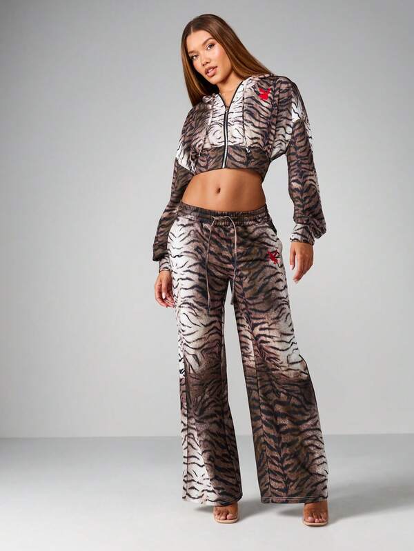 Missguided X Playboy Tiger Print Wide Leg Pants With Drawstring Waist