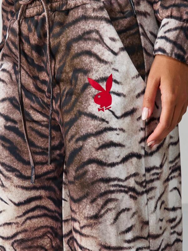 Missguided X Playboy Tiger Print Wide Leg Pants With Drawstring Waist