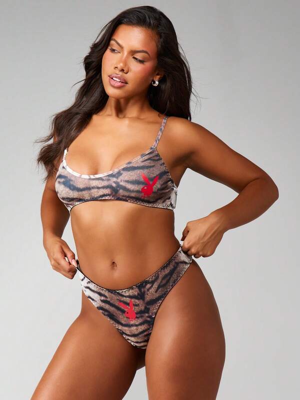 Missguided x Playboy Triangle Bralette And Thong With Tiger Print