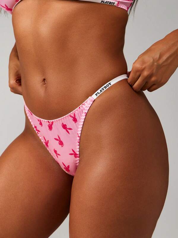 Missguided x Playboy Triangle Thong Panties With Bunny Print